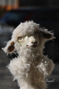 Handgefertigte weiße Schaf-Handpuppe Nahaufnahme Gesicht - Atelier Figurart